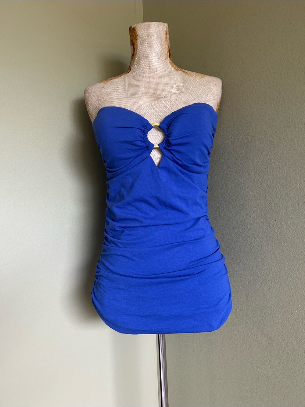 bebe Strapless Cobalt Blue Ruched Top  with Center Ring